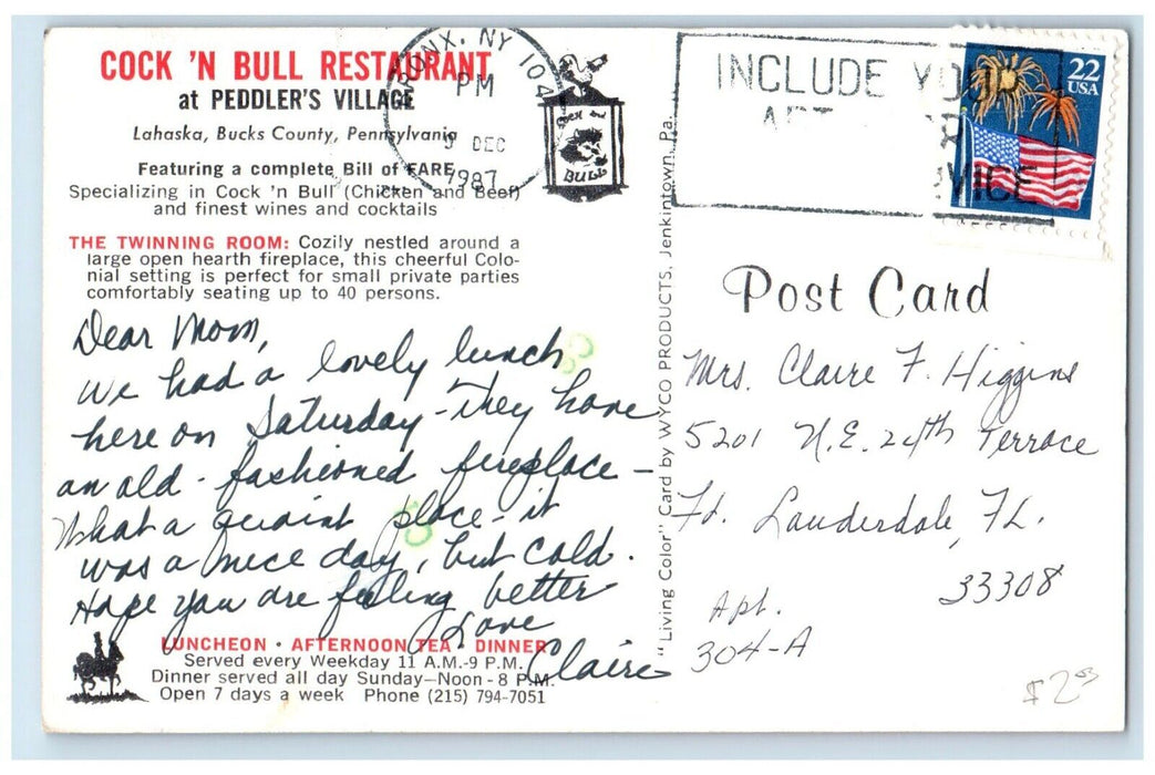 1987 Cock N Bull Restaurant Dining Lahaska Bucks County Pennsylvania PA Postcard
