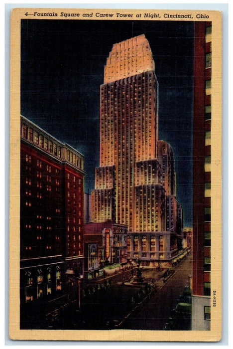 1946 Fountain Square And Carew Tower At Night Cincinnati Ohio OH Posted Postcard