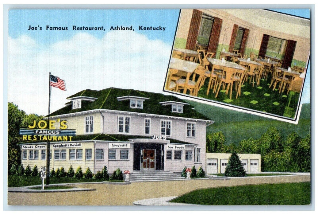 c1940 Joe's Famous Restaurant Sign Fine Food Exterior Ashland Kentucky Postcard