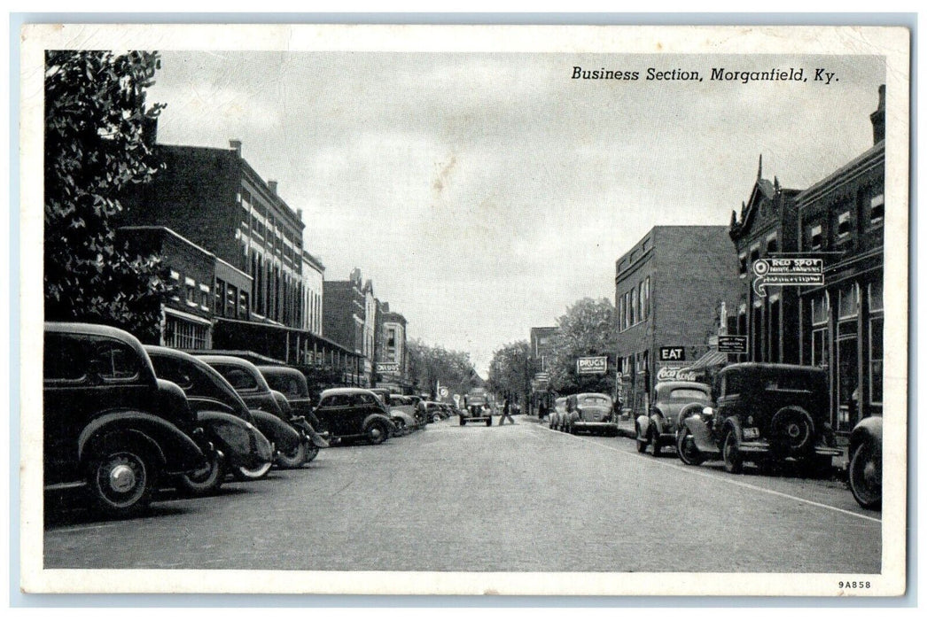 c1940 Business Section Classic Cars Exterior Road Morganfield Kentucky Postcard