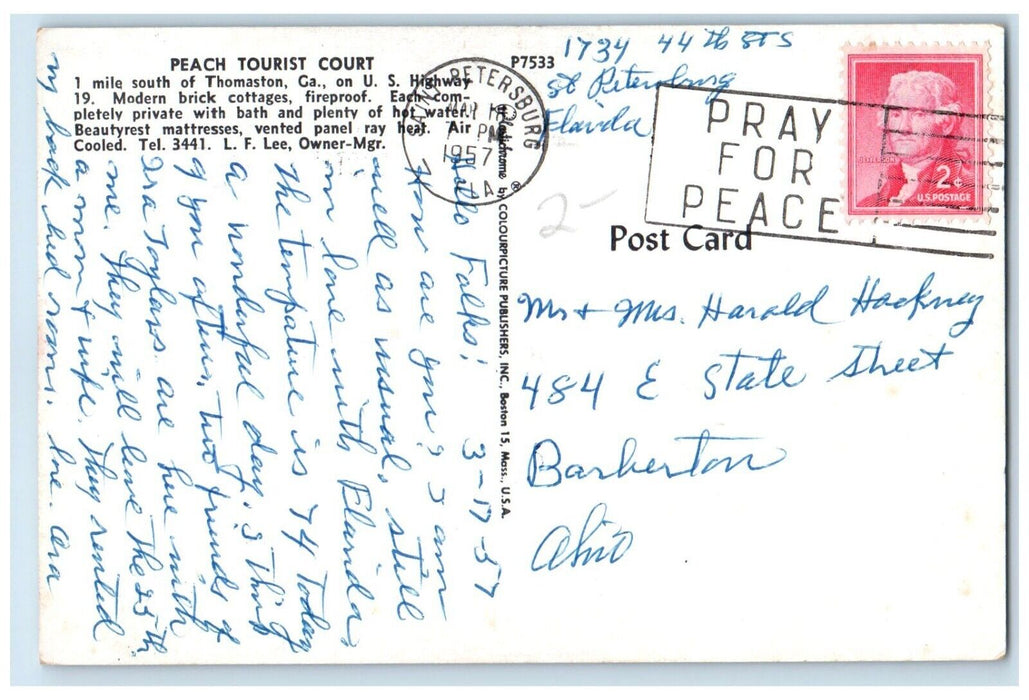 1957 Peach Tourist Court Exterior Highway Building Thomaston Georgia GA Postcard