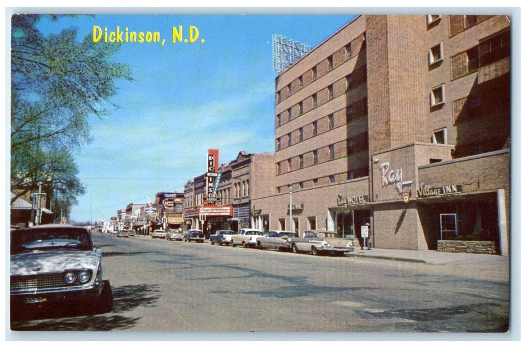 c1950s Main Street Cars Ray Hotel Village Inn Dickinson North Dakota ND Postcard