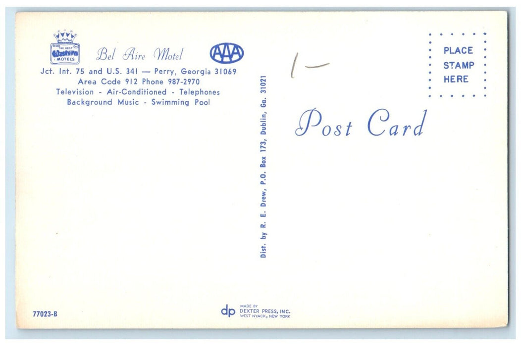 c1960 Bel Aire Motel Exterior Building Swimming Pool Perry Georgia GA Postcard