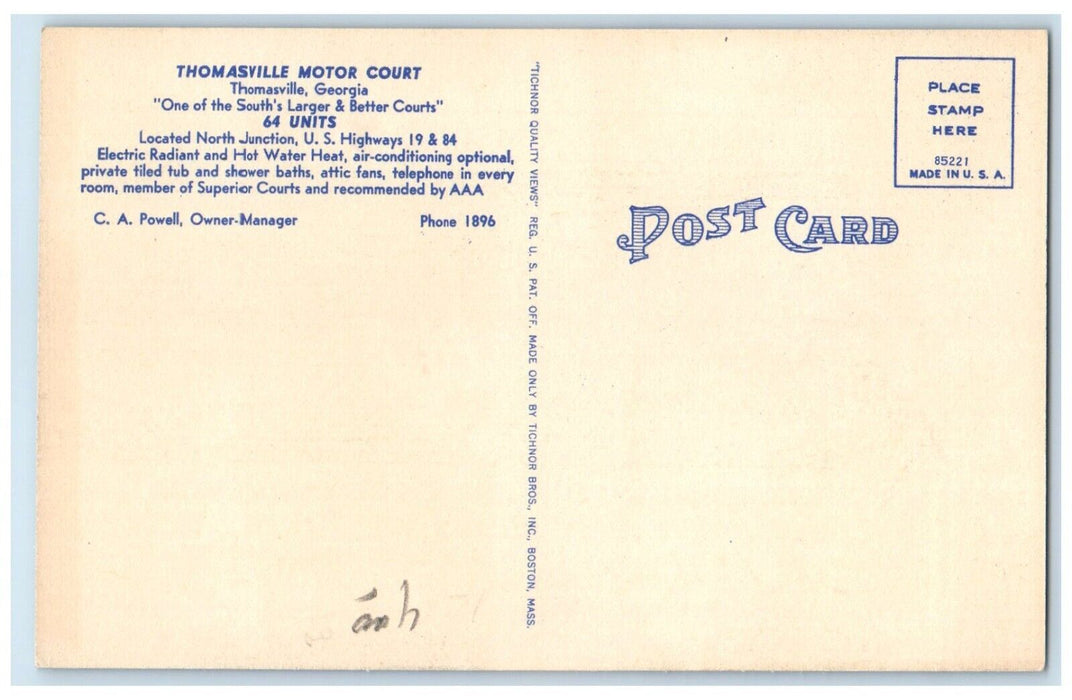 c1940 Thomasville Motor Court Exterior Building Thomasville Georgia GA Postcard
