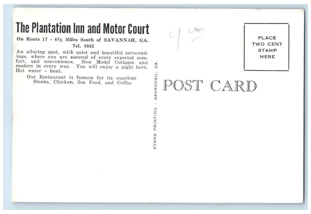c1940 Plantation Inn Motor Court Exterior Building Savannah Georgia GA Postcard