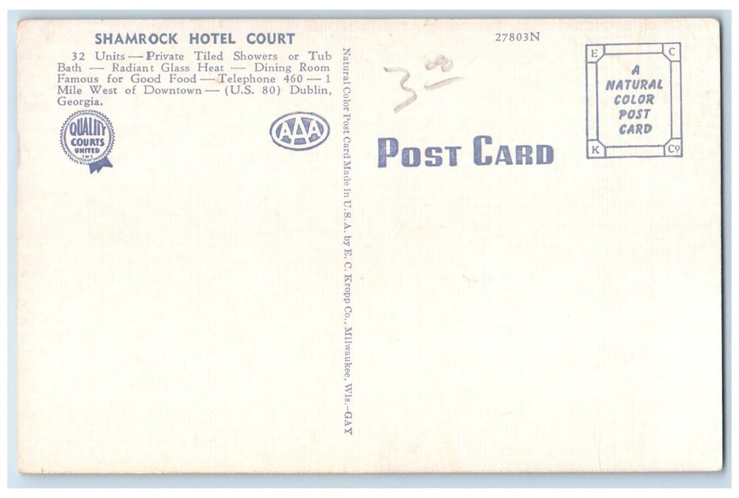 c1940 Shamrock Hotel Court Downtown Exterior Building Dublin Georgia GA Postcard