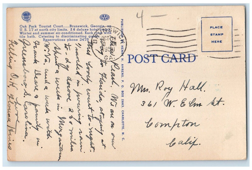 1950 Oak Park Tourist Court Distinctive Brunswick Georgia GA Dualview Postcard