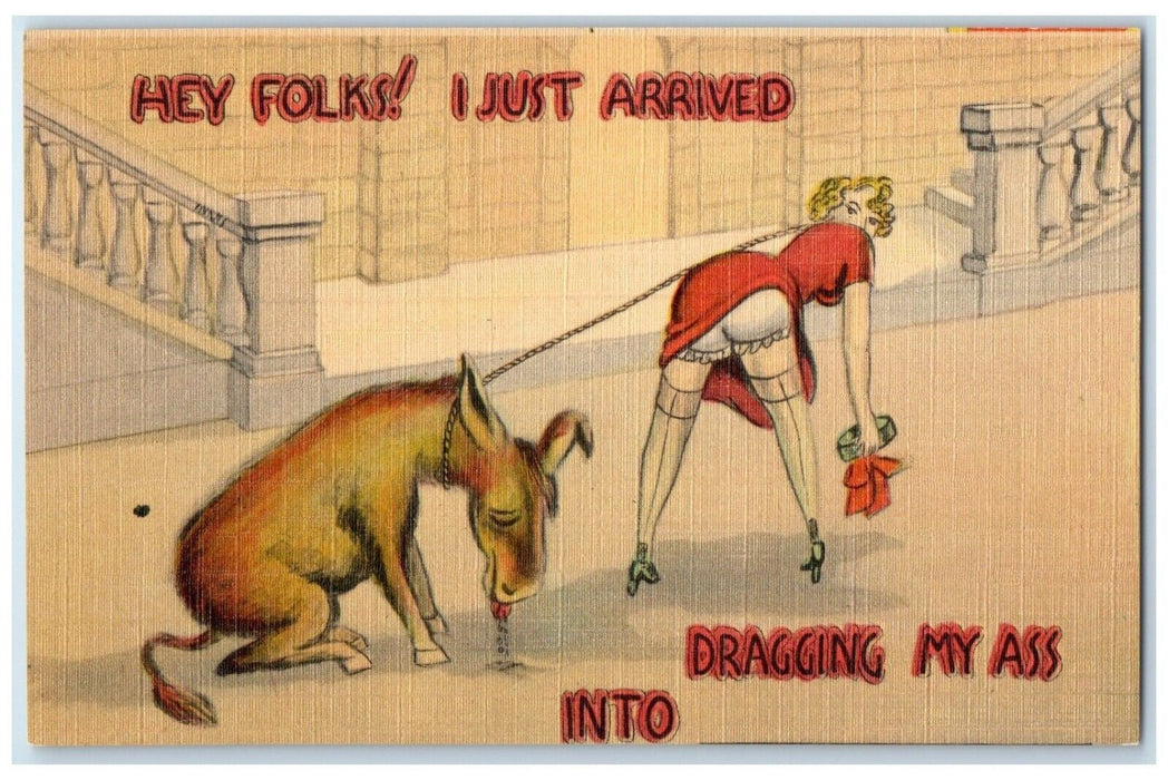 c1930's Sexy Woman And Donkey I Just Arrived Dragging My Ass Vintage Postcard