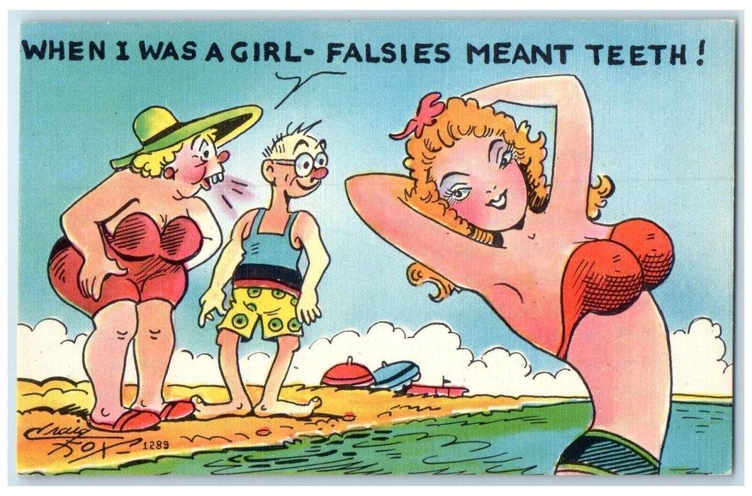 Fat Woman When I Was A Girl Falsies Meant Teeth Unposted Vintage Postcard