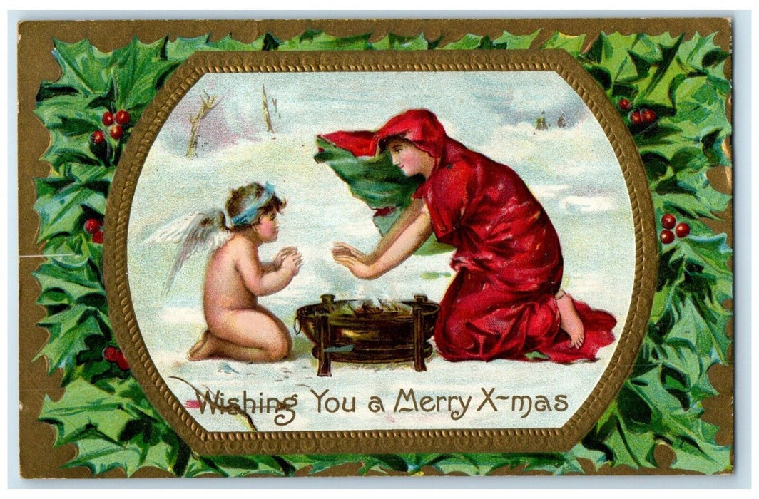 c1910's Christmas Angel And Woman Berries Embossed Dundee Michigan MI Postcard