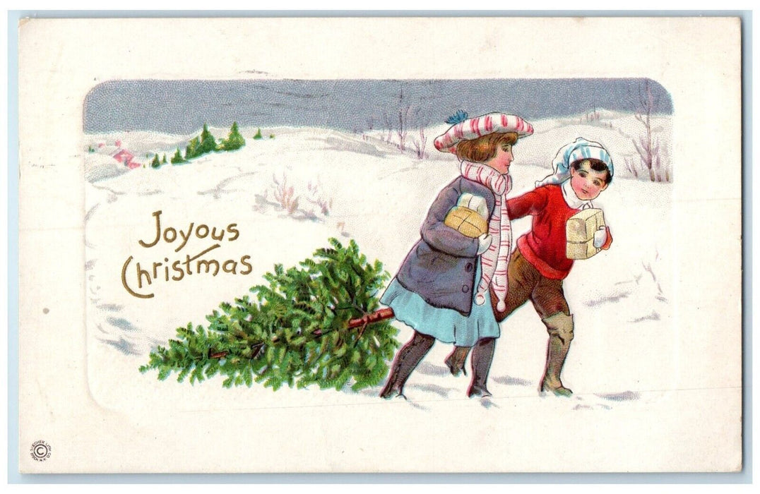 1916 Christmas Children With Pine Tree Winter Embossed St. Paul MN Postcard
