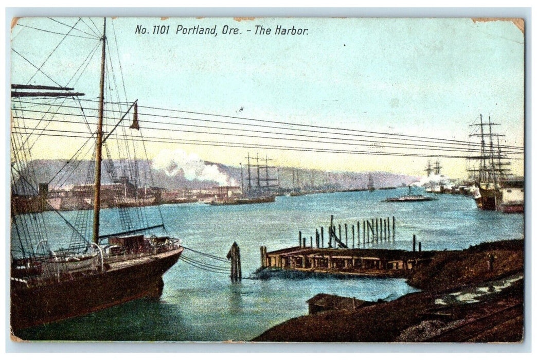 1911 The Harbor Steamer Ship Ferry Dock Port Portland Oregon OR Vintage Postcard