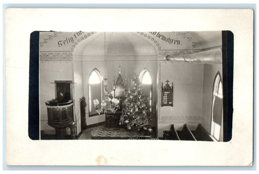 Budsin Church Interior Christmas Tree Budsin Wisconsin WI RPPC Photo Postcard