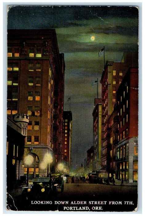 1912 Looking Down Alder Street Exterior Building Night Portland Oregon Postcard