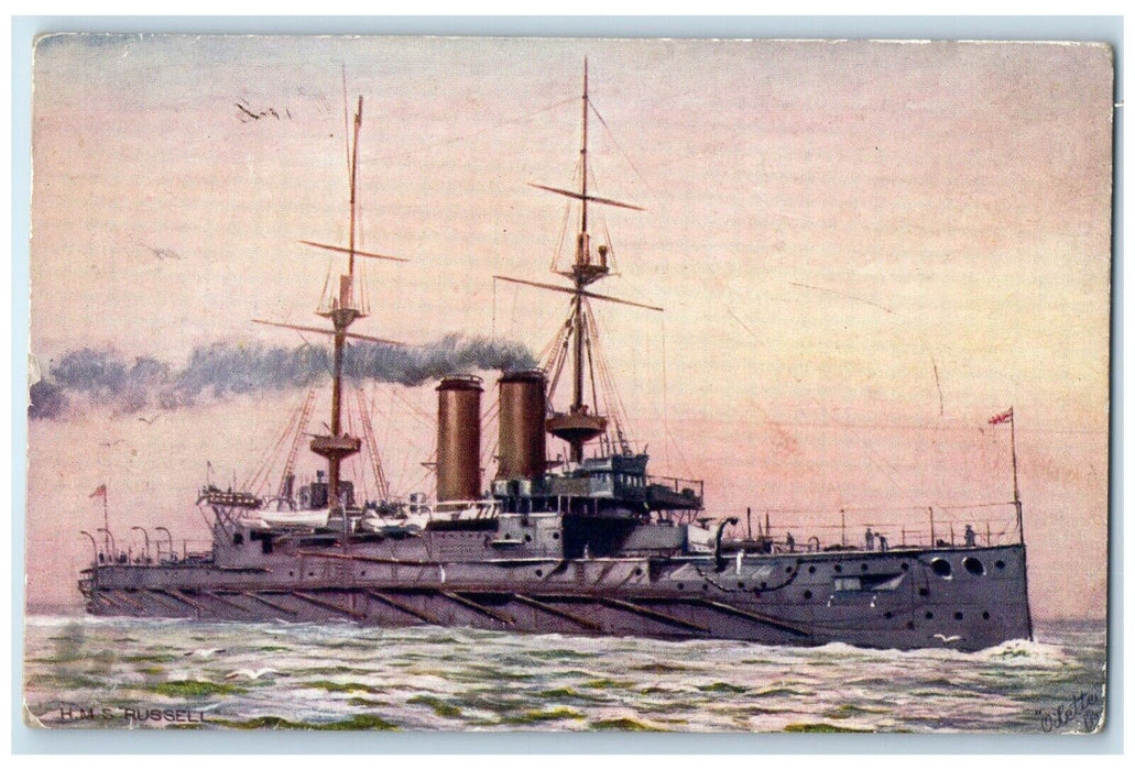 c1910 View H M S Russell Battleship Steamer Oilette Raphael Tuck & Son Postcard