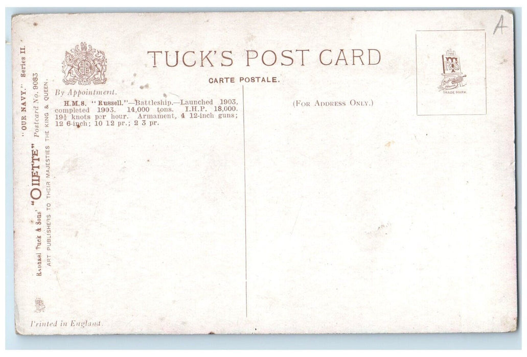 c1910 View H M S Russell Battleship Steamer Oilette Raphael Tuck & Son Postcard