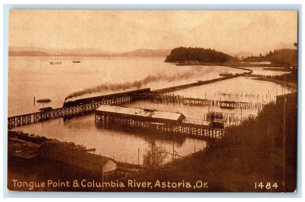 c1910 Tongue Point Columbia River Locomotive Train Lake Astoria Oregon Postcard