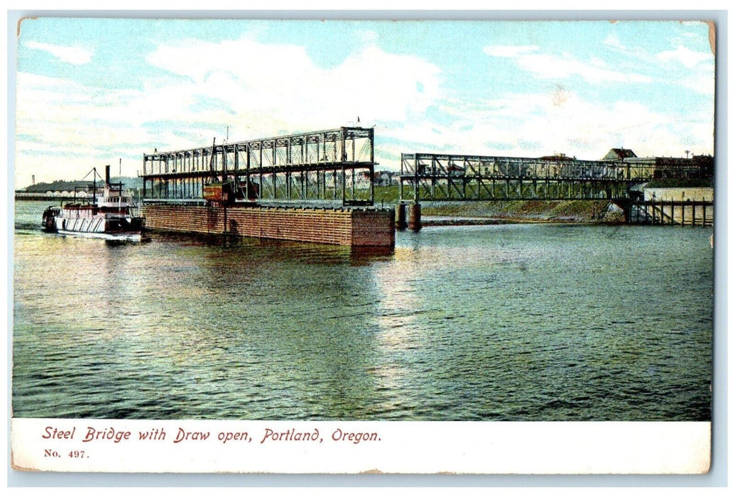 c1910 Steel Bridge Draw Open Steamer Ferry Ship Portland Oregon Vintage Postcard