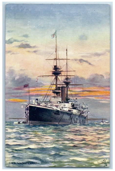 c1910 H M S Magnificent Twin-Screw Armoured Battleship Raphael Tuck Son Postcard