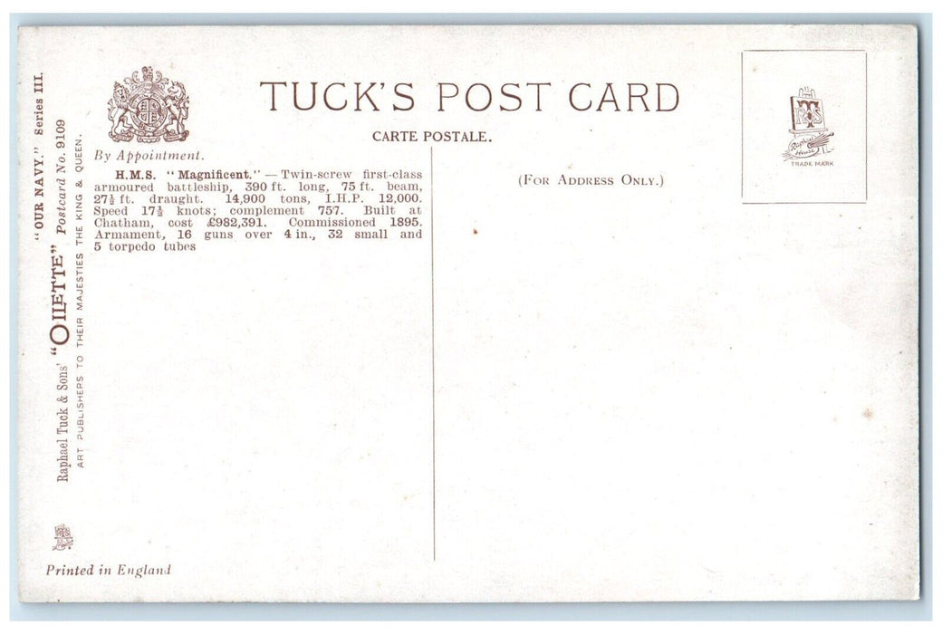 c1910 H M S Magnificent Twin-Screw Armoured Battleship Raphael Tuck Son Postcard