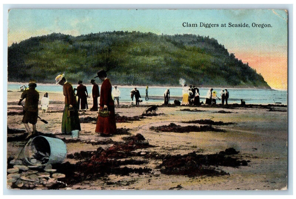 1919 Clam Diggers Beach Coast Mountain River Seaside Oregon OR Vintage Postcard