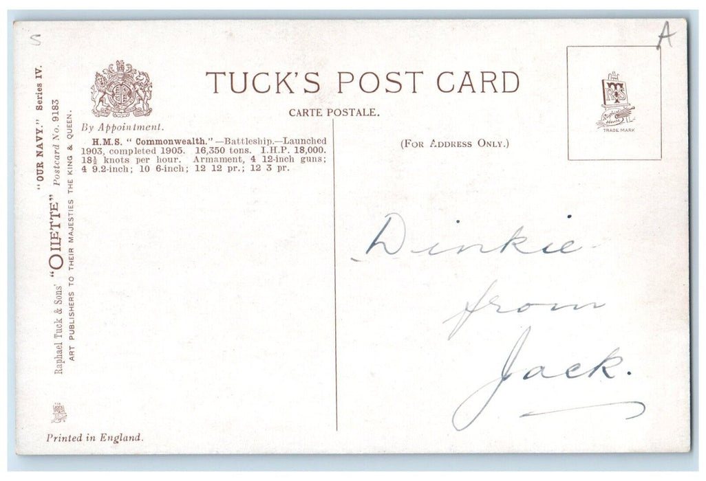 c1910 H. M. S. Commonwealth Battleship Steamer Oilette Raphael Tuck Son Postcard
