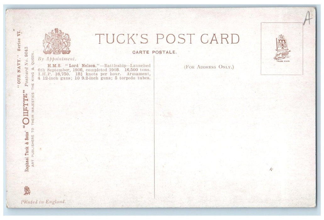 1910 Scene View H. M. S. Lord Nelson Battleship Cruise Raphael Tuck Son Postcard