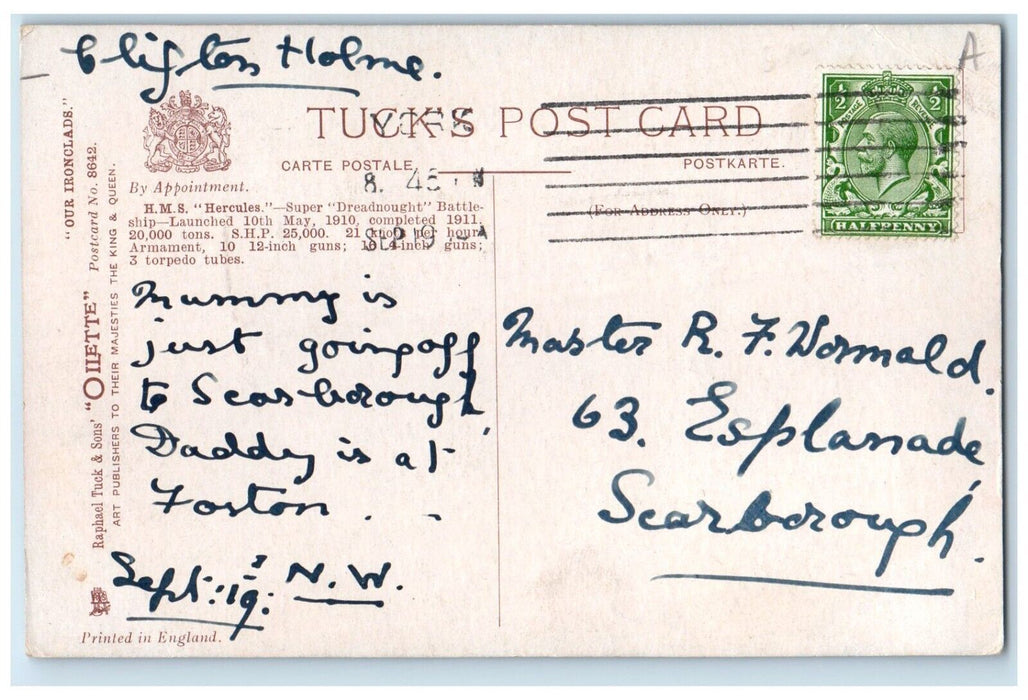 1910 H. M. S. Hercules Super Dreadnought Battleship Raphael Tuck & Son Postcard