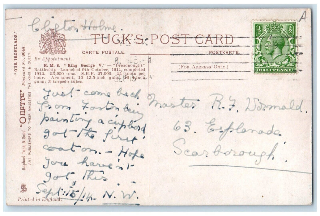 1910 H. M. S. King George V Dreadnought Battle Ship Raphael Tuck & Sons Postcard