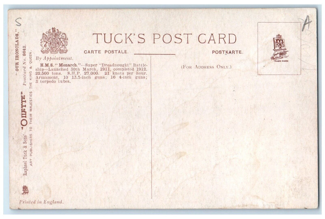 c1910 H. M. S. Monarch Super Dreadnought Battleship Raphael Tuck & Son Postcard
