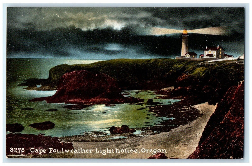c1910 Cape Foulweather Night Coast Exterior Building Lighthouse Oregon Postcard