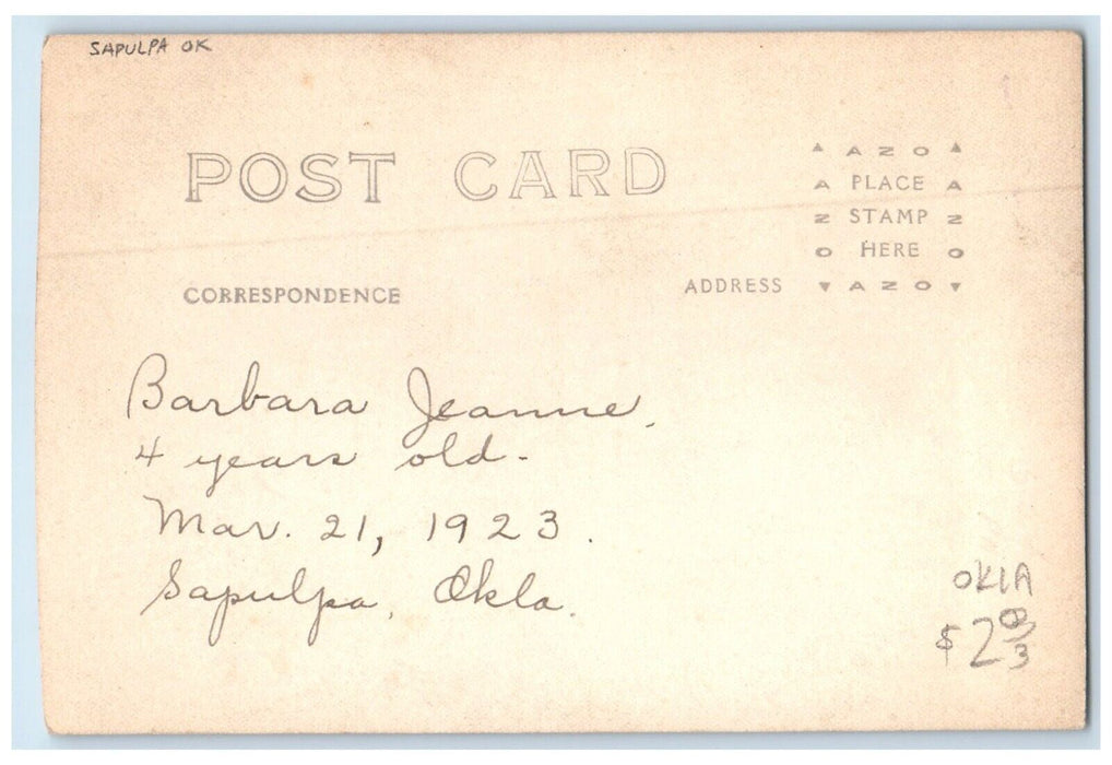 c1910's Mothe And Daughter Studio Sapulpa Oklahoma OK RPPC Photo Postcard