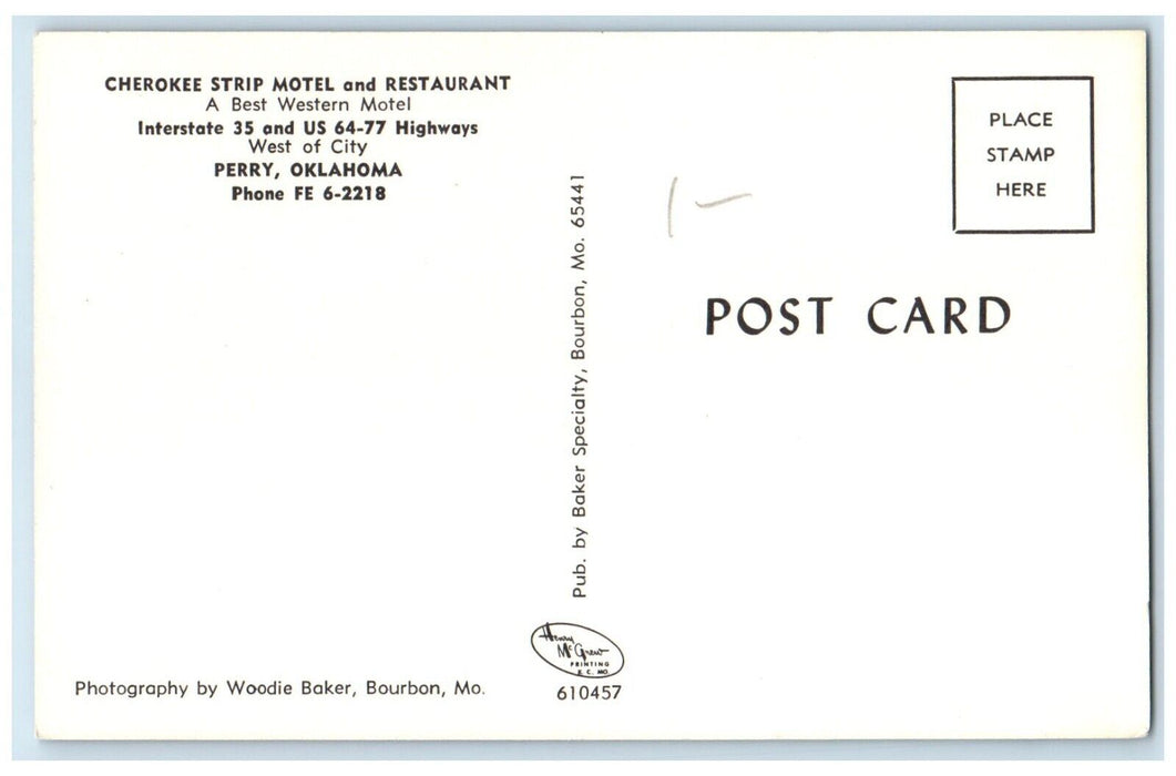 1960 Cherokee Strip Motel Restaurant Interstate Highways Perry Oklahoma Postcard