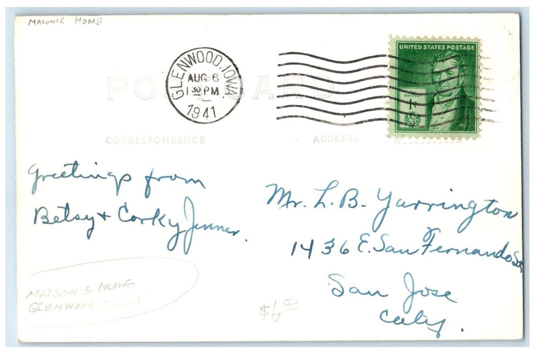 1941 Masonic Home House Glenwood Iowa IA RPPC Photo Posted Vintage Postcard