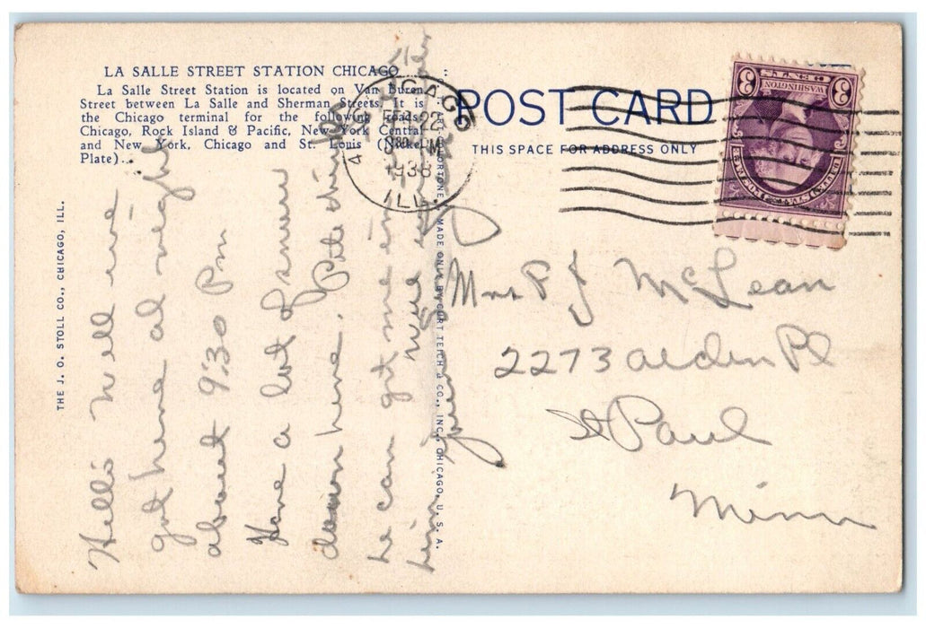 1938 Exterior View La Salle Street Station Building Chicago Illinois IL Postcard