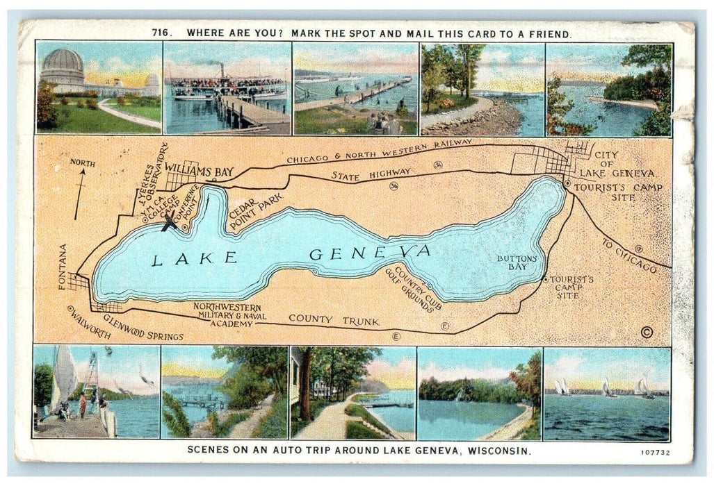 1928 Scenes Auto Trip Around Multiview Lake Geneva Wisconsin WI Vintage Postcard