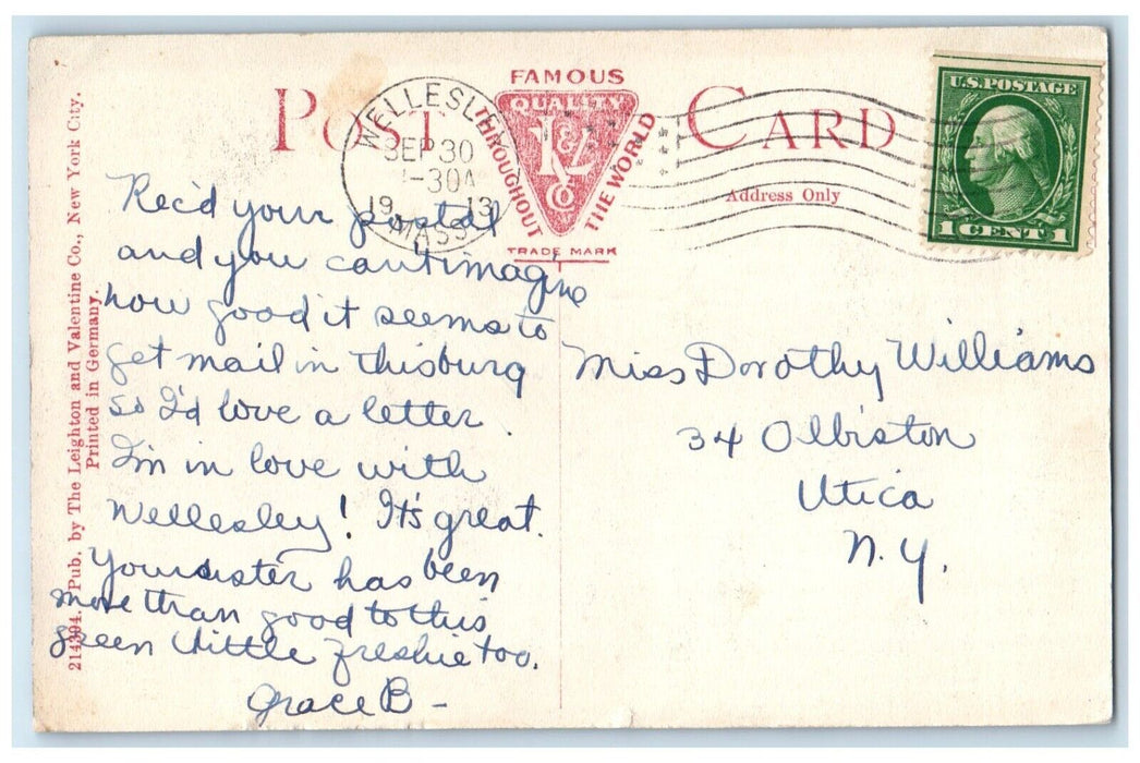1913 Billings Hall Wellesley College Exterior Wellesley Massachusetts Postcard