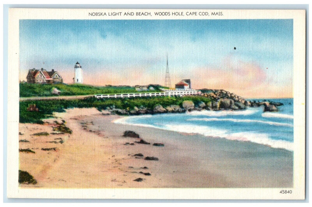 c1940 Nobska Light Beach Woods Hole Lighthouse Cape Cod Massachusetts Postcard