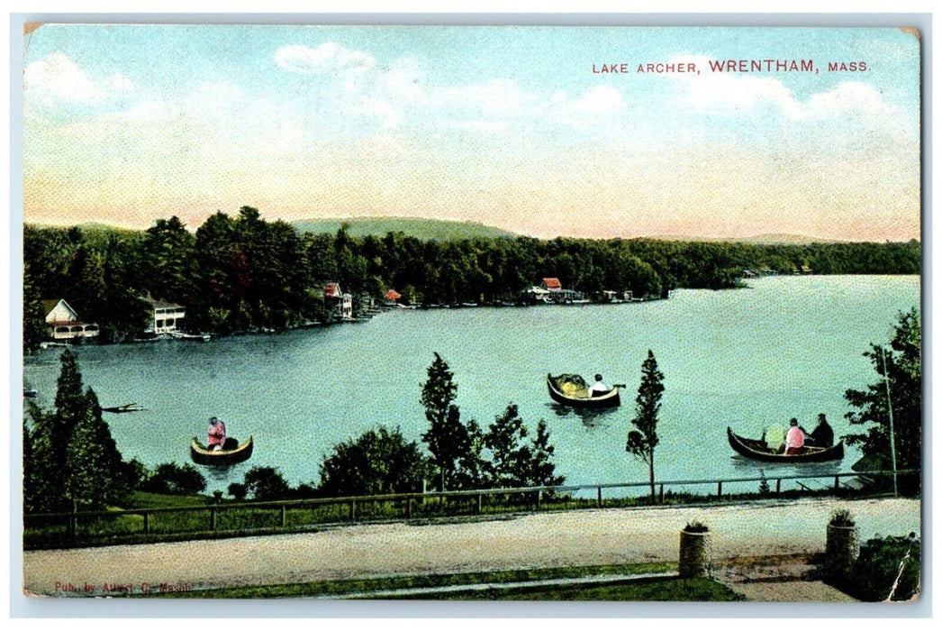 1906 Lake Archer Canoe Boat Wrentham Massachusetts MA Vintage Antique Postcard