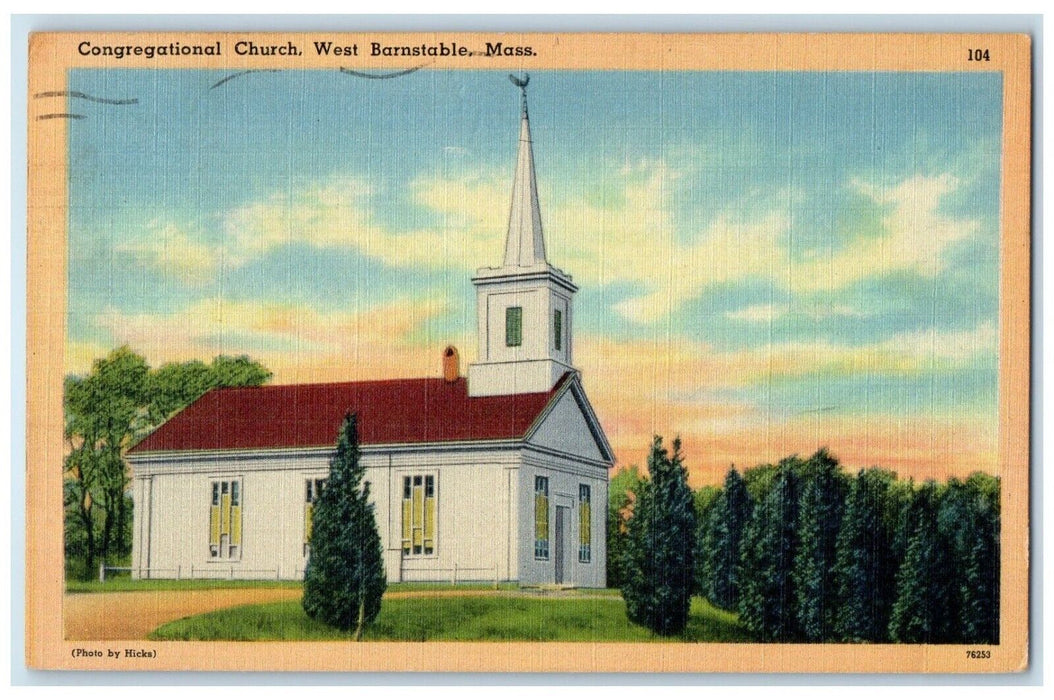 1951 Congregational Church Trees West Exterior Barnstable Massachusetts Postcard
