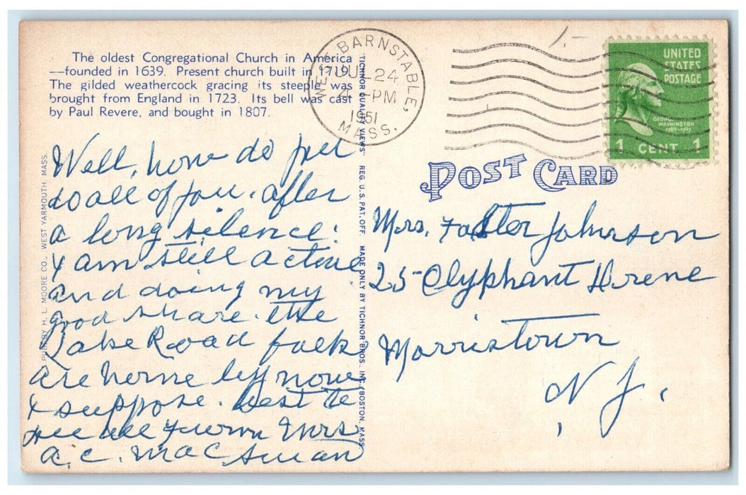1951 Congregational Church Trees West Exterior Barnstable Massachusetts Postcard