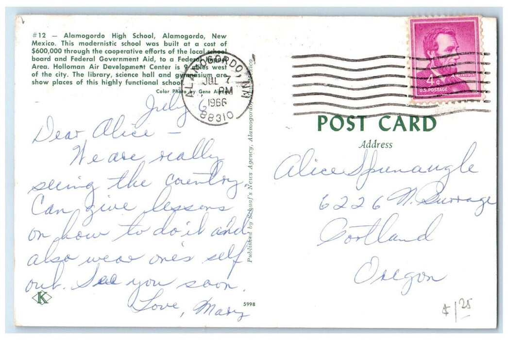 1966 Alamogordo High School Alamogordo New Mexico NM Posted Vintage Postcard