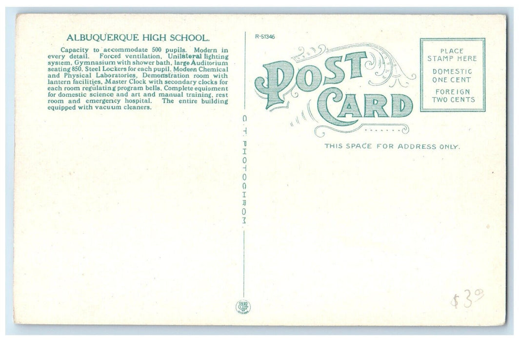 c1930's Albuquerque High School Building Albuquerque New Mexico NM Postcard