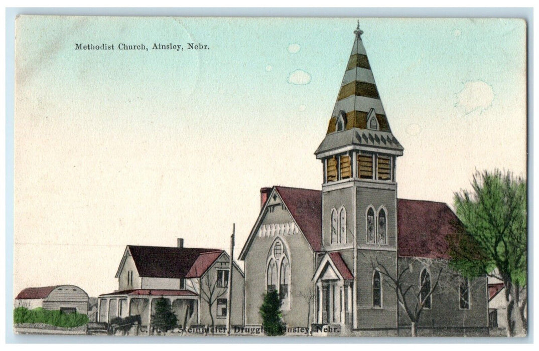 1908 Methodist Church Scene Street Ainsley Nebraska NE Posted Antique Postcard