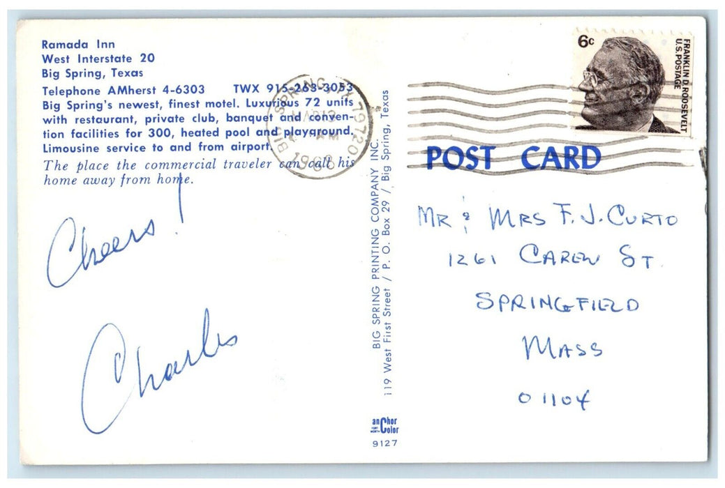 1968 Ramada Inn West Interstate 20 Motel Exterior Big Spring Texas TX Postcard