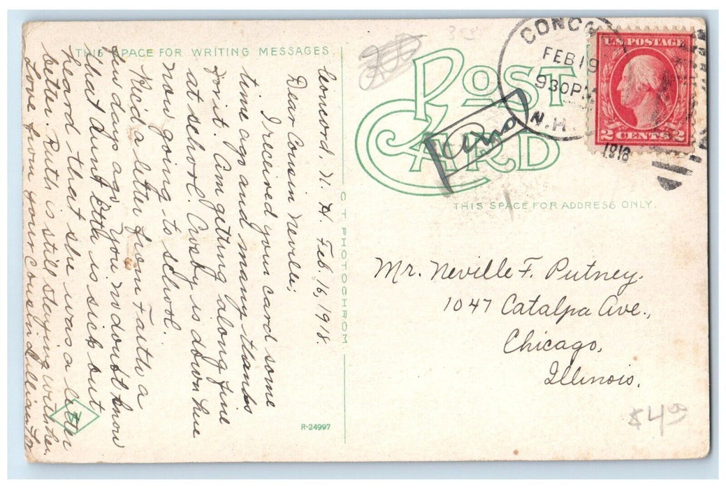 1918 Main Street Looking North Trolley Concord New Hampshire NH Antique Postcard