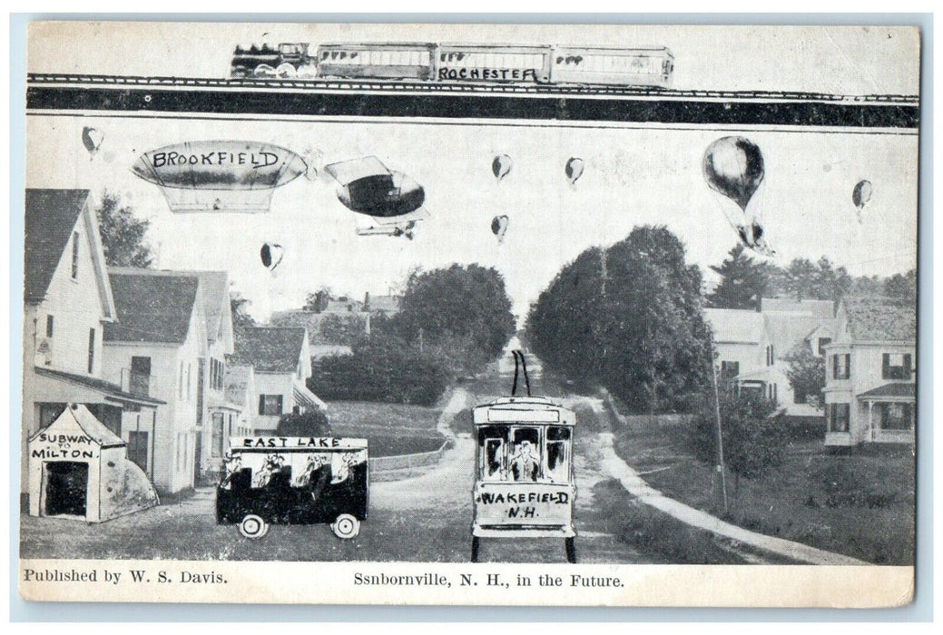 c1910's Sanbornville New Hampshire NH, In The Future Trolley Bus Train Postcard