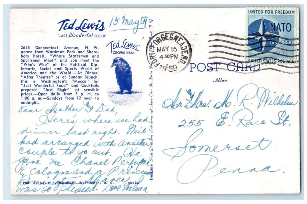 1959 Ted Lewis Connecticut Avenue Crows Nest Wardman Park Washington DC Postcard