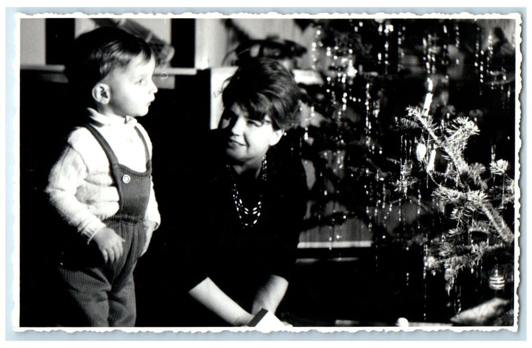 c1940's Mother Son Christmas Tree RPPC Photo Unposted Vintage Postcard
