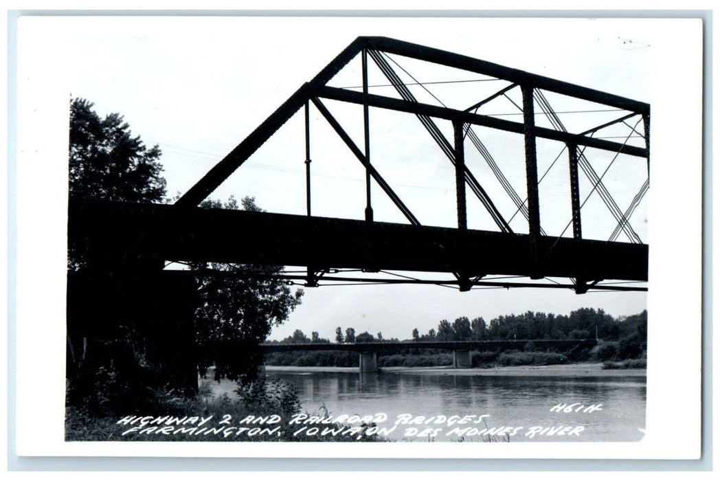 Highway 2 Railroad Bridges Farmington IA Des Moines River RPPC Photo Postcard